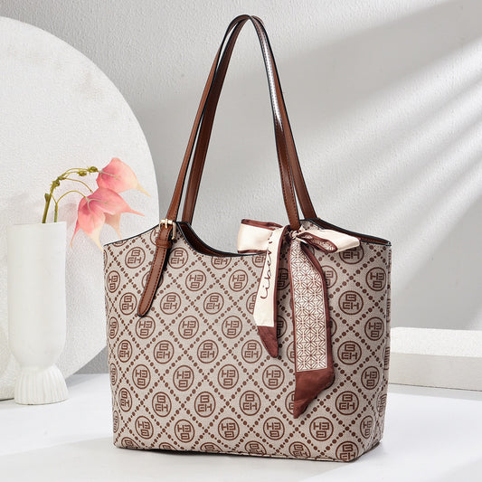 Vintage Check Tote Bag – Large ShoulderCrossbody Bag with Decorative Scarf