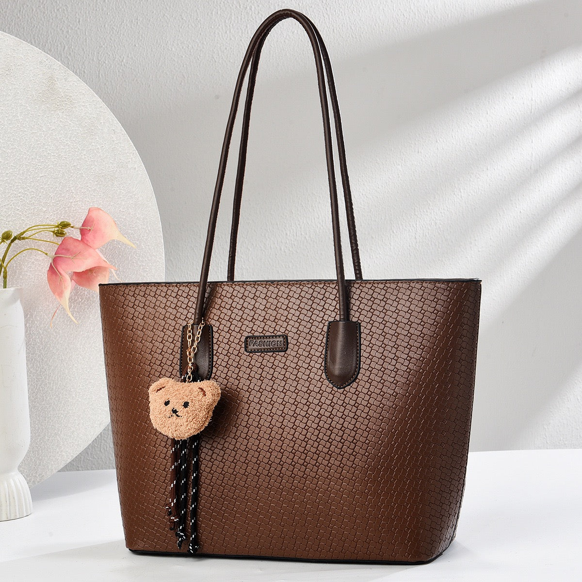 Tote Bag with Bear Charm – Woven-Style Shoulder & Crossbody Handbag for Women
