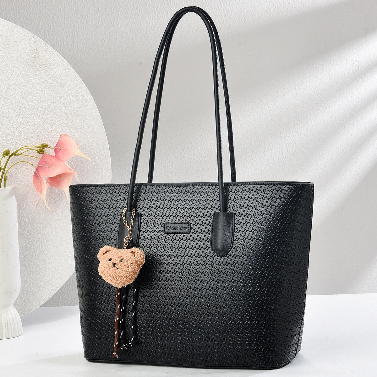 Tote Bag with Bear Charm – Woven-Style Shoulder & Crossbody Handbag for Women